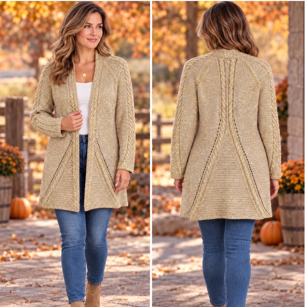 Chico's Size 2 Large Gold Metallic Open Front Cable Knit Cardigan Sweater